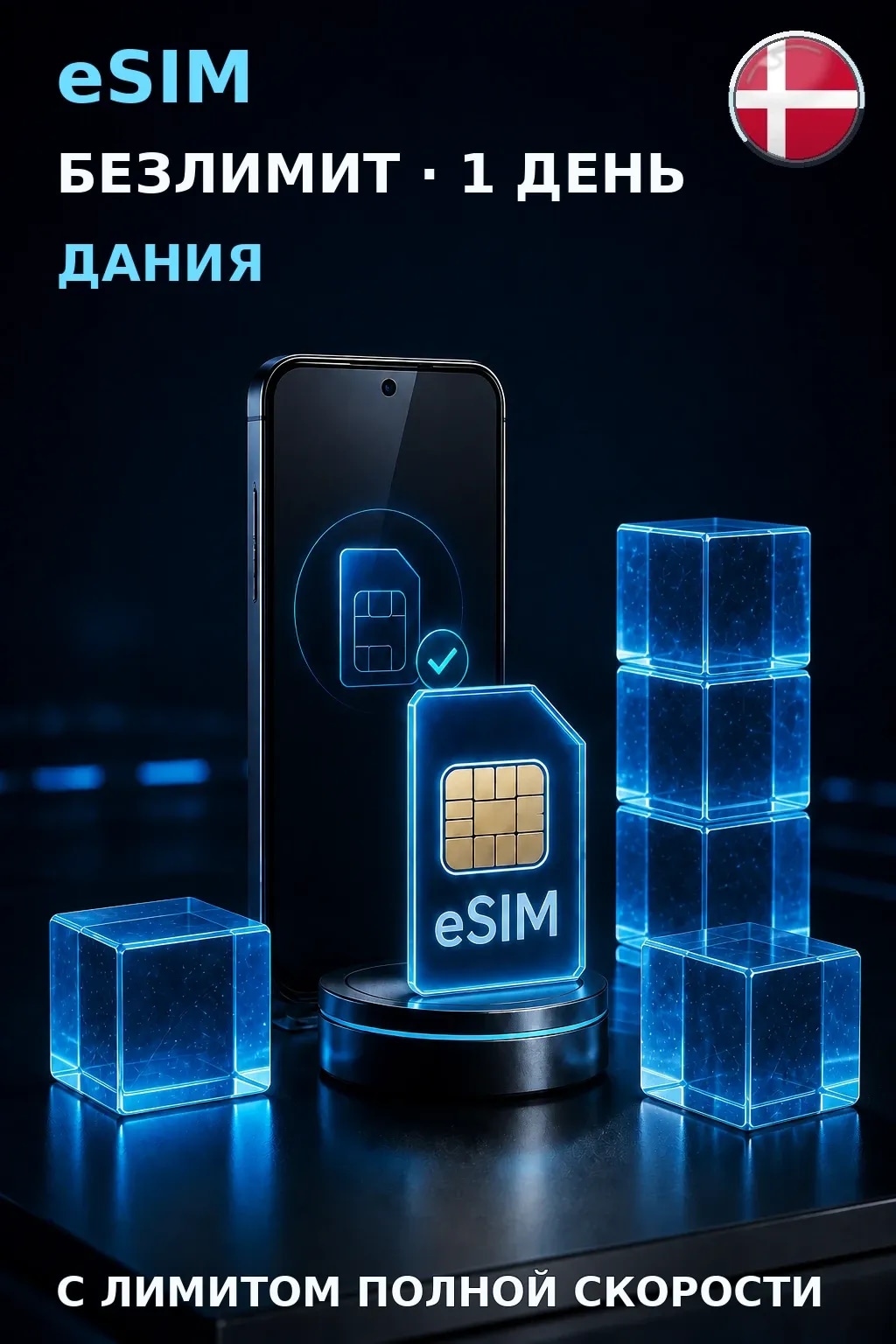 eSIM Дания — БЕЗЛИМИТ, 1 день — интернет